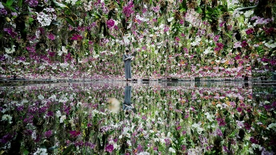 A teamLab staff member works inside the "Floating Flower Garden," which consists of a three-dimensional mass of flowers, at teamLab Planets in Tokyo on June 3. Tokyo is like a kaleidoscope with countless geometric patterns, the colours of the pattern changing slightly depending how the tube is tilted and how the light enters.(Kim Kyung-Hoon / REUTERS)