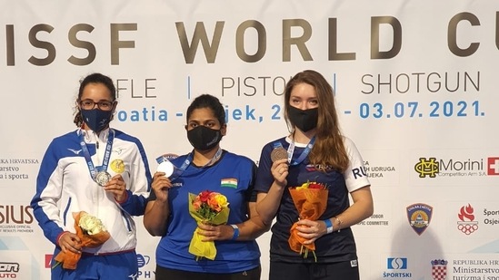 (L-R)- Mathilde Lamolle (Silver medal-France), Rahi Sarnobat (Gold medal-India), Vitalina Batsarashkina (Bronze medal-Russia) atop the Women's 25M Pistol podium at the ISSF Shooting World Cup in Osijek, Croatia, on Monday(ISSF)
