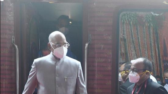 President Ram Nath Kovind alights from a train at the Charbagh railway station in Lucknow on Monday. (PTI)