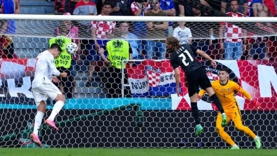 Alvaro Morata had one of the best chances to open the scoring when he got to the end of a Ferran Torres cross. However, he mistimed the header completely and really did not score from this angle. (AP) Alvaro Morata had one of the best chances to open the scoring when he got to the end of a Ferran Torres cross. However, he mistimed the header completely and really did not score from this angle. (AP)