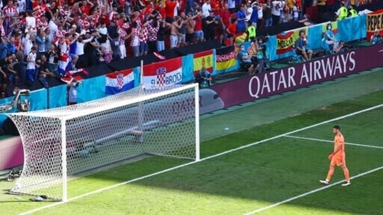 You have to see it to believe it. Unai Simon, Spain goalkeeper, allowed the ball to skip past him and roll into his own net. The back pass was from Pedri and unfortunately, the own goal was credited to Pedri. (AP) You have to see it to believe it. Unai Simon, Spain goalkeeper, allowed the ball to skip past him and roll into his own net. The back pass was from Pedri and unfortunately, the own goal was credited to Pedri. (AP)