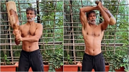 Milind Soman trains shirtless with a 10kg mudgar in new workout video: Watch(Instagram/@milindrunning)