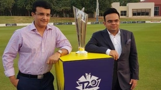 (FILE) Sourav Ganguly and Jay Shah pose with the T20 World Cup trophy. (Sourav Ganguly/Twitter) (FILE) Sourav Ganguly and Jay Shah pose with the T20 World Cup trophy. (Sourav Ganguly/Twitter)