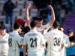 New Zealand's Kyle Jamieson, facing camera, celebrates with teammates after their win on the sixth day of the World Test Championship final cricket match between New Zealand and India, at the Rose Bowl in Southampton, England, Wednesday, June 23, 2021.(AP) New Zealand's Kyle Jamieson, facing camera, celebrates with teammates after their win on the sixth day of the World Test Championship final cricket match between New Zealand and India, at the Rose Bowl in Southampton, England, Wednesday, June 23, 2021.(AP)