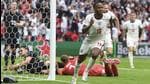 England’s Raheem Sterling celebrates after scoring his side's opening goal during the Euro 2020 Round of 16 match against Germany at the Wembley Stadium in London on Tuesday. (AP)