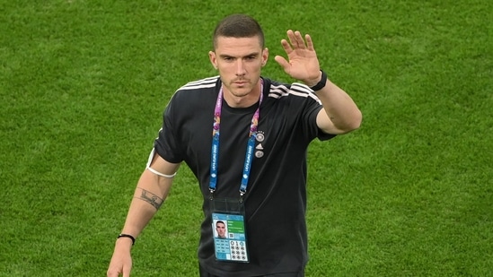 Germany's Robin Gosens waves to fans before the match.(Pool via REUTERS)