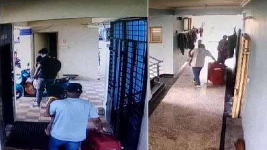 Police said M Srikanth Reddy was spotted in CCTV footage taking a red suitcase out of the apartment complex. Police suspect he stashed his wife M Bhuvaneshwari’s body in the suitcase and set it ablaze six days ago. Her charred body was found on June 23 (Screengrab/CCTV video)