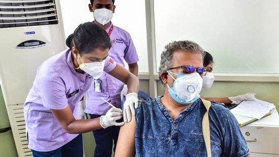 A medic administers a dose of Sputnik V vaccine to a beneficiary during its launch in Bengaluru, on Tuesday. (PTI Photo) A medic administers a dose of Sputnik V vaccine to a beneficiary during its launch in Bengaluru, on Tuesday. (PTI Photo)