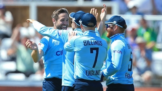 Chris Woakes and England celebrate a wicket during the first ODI against Sri Lanka