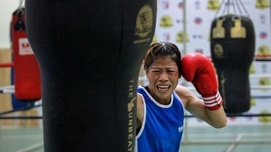MC Mary Kom punches a bag during a training session(REUTERS)