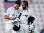 New Zealand's Kane Williamson and Ross Taylor celebrate after winning the ICC World Test Championship Final