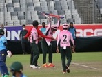 Shakib Al Hassan breaking the stumps during stumps during the Dhaka Premier League