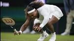 Serena Williams falls to the ground during the women's singles first round match against Aliaksandra Sasnovich of Belarus on day two of Wimbledon in London on Tuesday. (AP) Serena Williams falls to the ground during the women's singles first round match against Aliaksandra Sasnovich of Belarus on day two of Wimbledon in London on Tuesday. (AP)