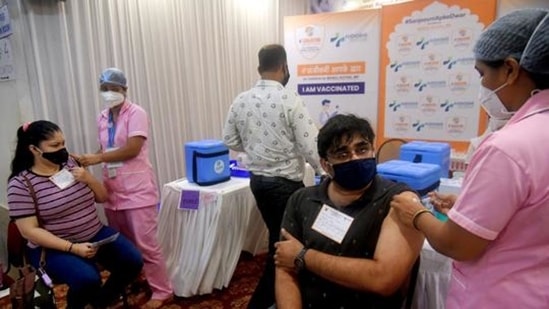 Beneficiaries receive a dose of Covid-19 vaccine during a camp at Vile Parle East, in Mumbai earlier this month. (File photo)