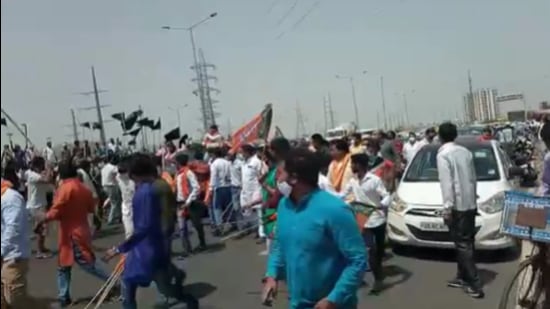 BJP workers claim they had gathered near the starting point of the Hindon elevated road connecting to the expressway to welcome Amit Valmiki, the party’s newly-appointed secretary who was arriving from Delhi. (video grab) BJP workers claim they had gathered near the starting point of the Hindon elevated road connecting to the expressway to welcome Amit Valmiki, the party’s newly-appointed secretary who was arriving from Delhi. (video grab)