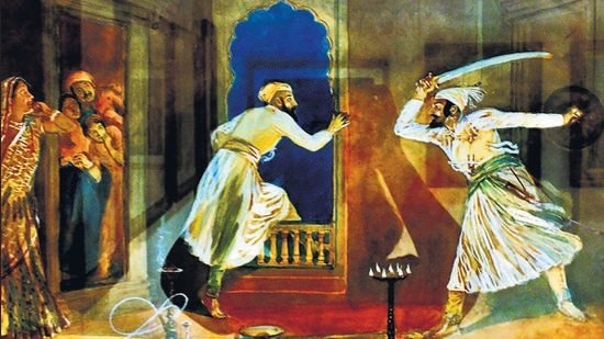 This painting by M V Durandhar depicts Shivaji’s surprise attack on Shaiste Khan’s camp at Lal Mahal. (HT PHOTO) This painting by M V Durandhar depicts Shivaji’s surprise attack on Shaiste Khan’s camp at Lal Mahal. (HT PHOTO)