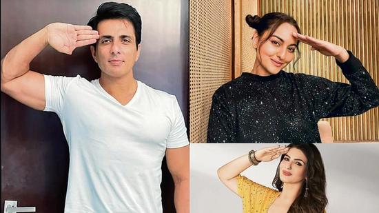 Actors Sonu Sood, Sonakshi Sinha and Raveena Tandon Actors Sonu Sood, Sonakshi Sinha and Raveena Tandon