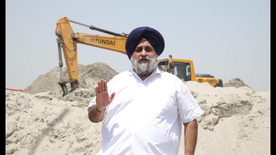 Shiromani Akali Dal (SAD) chief Sukhbir Singh Badal at a mining site along Beas in Amritsar on Wednesday. Shiromani Akali Dal (SAD) chief Sukhbir Singh Badal at a mining site along Beas in Amritsar on Wednesday.