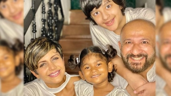 Mandira Bedi and Raj Kaushal pose with their children. 