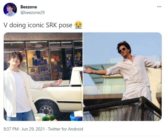 In one of the photos, V was seen posing with both his hands stretched to his sides.