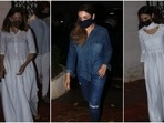 Aditi Gowitrikar, Raveena Tandon, Mouni Roy outside Raj Kaushal and Mandira Bedi's house. Aditi Gowitrikar, Raveena Tandon, Mouni Roy outside Raj Kaushal and Mandira Bedi's house.
