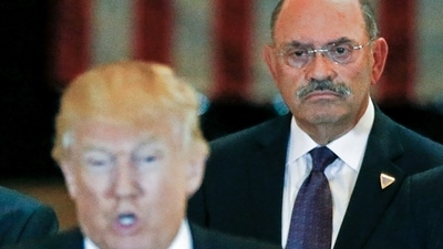 Trump Organization chief financial officer Allen Weisselberg looks on Donald Trump speaks during a news conference in Manhattan. (Reuters)