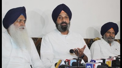 Akali Dal MLA Bikram Singh Majithia addressing a press conference in Amritsar.