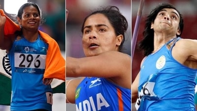 Indian sprinter Dutee Chand, javelin throwers Annu Rani and Neeraj Chopra (L-R) (HT Collage)