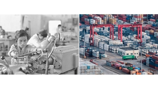 Left: Female machinists working in a precision valve factory in Wuzhong, China on September 9, 1985. Right: A cargo truck driving amid stacked shipping containers at the Yangshan port in Shanghai on March 29, 2018. Mao made improvements of women's issues a major goal, but despite improvements women still face difficulties at all levels.(Neal Ulevich/ AP and AP Photo)