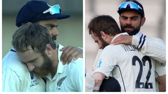 Kane Williamson resting his head on Virat Kohli's shoulder after winning the WTC title