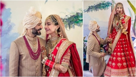 Sonam Kapoor Ahuja: Sonam's breathtaking red lehenga by Anuradha Vakil was between <span class='webrupee'>₹</span>70 lakhs to <span class='webrupee'>₹</span>80 lakhs.(Instagram/@sonamkapoor)