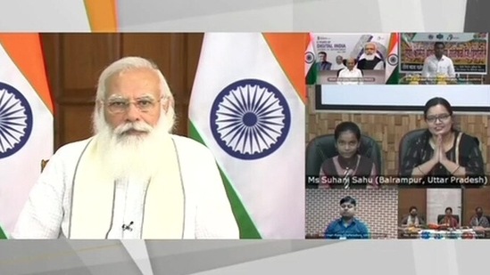PM Modi interacting with beneficiaries of digital India on Thursday. (ANI Photo) PM Modi interacting with beneficiaries of digital India on Thursday. (ANI Photo)