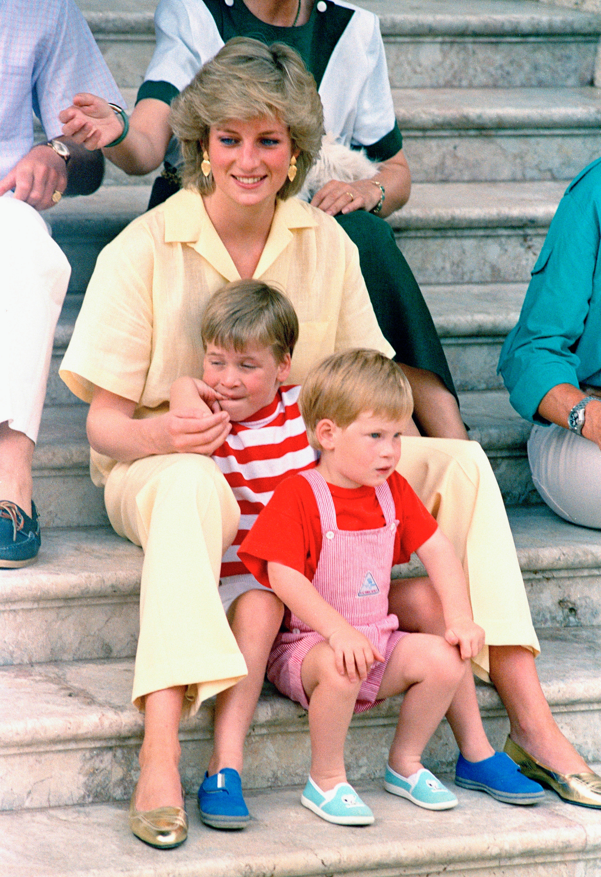 Britain's Princess Diana of Wales smiles as she sits with her sons, Princes Harry, foreground, and William, on the steps of the Royal Palace on the island of Mallorca, Spain. Gracing monotone style she adds a touch of glitter with her accessories. (AP) Britain's Princess Diana of Wales smiles as she sits with her sons, Princes Harry, foreground, and William, on the steps of the Royal Palace on the island of Mallorca, Spain. Gracing monotone style she adds a touch of glitter with her accessories. (AP)