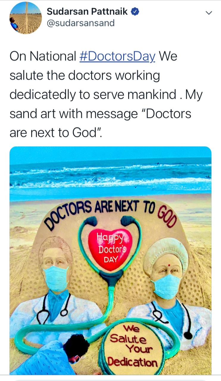 Sand artist's tribute on Doctor's Day. (Twitter/@sudarshansand) Sand artist's tribute on Doctor's Day. (Twitter/@sudarshansand)