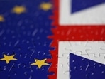 Puzzle with printed EU and UK flags is seen in this illustration 