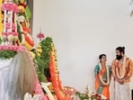 KGF star Yash with his wife Radhika Pandit during their house warming ceremony. KGF star Yash with his wife Radhika Pandit during their house warming ceremony.