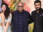 Boney Kapoor (C) poses for a picture with his daughters Janhvi Kapoor (L), Anshula Kapoor (2L) and Khushi Kapoor (R) and son Arjun Kapoor (2L).(AFP)