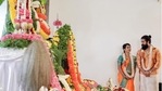 KGF star Yash with his wife Radhika Pandit during their house warming ceremony. KGF star Yash with his wife Radhika Pandit during their house warming ceremony.