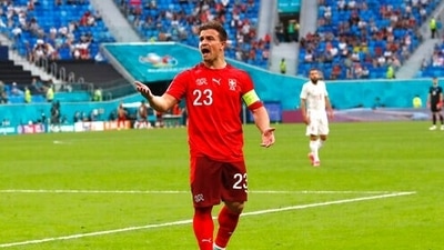 Xherdan Shaqiri reacts during the Euro 2020 soccer championship quarterfinal match between Switzerland and Spain. (AP) Xherdan Shaqiri reacts during the Euro 2020 soccer championship quarterfinal match between Switzerland and Spain. (AP)