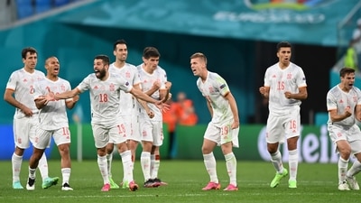 Spain players celebrate during the Euro 2020 soccer championship quarterfinal match. (AP) Spain players celebrate during the Euro 2020 soccer championship quarterfinal match. (AP)