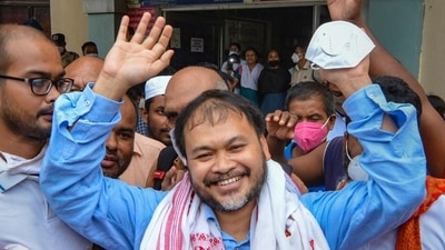 MLA from Sibsagar and RTI activist, Akhil Gogoi after a special National Investigation Agency (NIA) court discharged him from the remaining case in Guwahati on Thursday. (PTI) MLA from Sibsagar and RTI activist, Akhil Gogoi after a special National Investigation Agency (NIA) court discharged him from the remaining case in Guwahati on Thursday. (PTI)