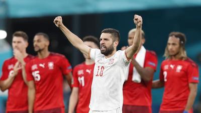 Spain's Jordi Alba celebrates as Switzerland players react during the penalty shootout. (Pool via REUTERS) Spain's Jordi Alba celebrates as Switzerland players react during the penalty shootout. (Pool via REUTERS)
