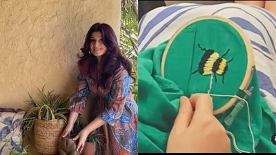 Twinkle Khanna embroidered a bee on her shirt. Twinkle Khanna embroidered a bee on her shirt.
