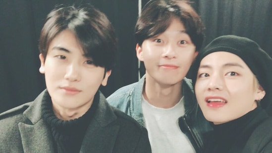 Park Hyung-sik with fellow Wooga Squad members Park Seo-joon and BTS member V. 