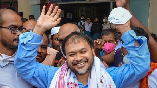 MLA from Sibsagar and RTI activist, Akhil Gogoi after a special National Investigation Agency (NIA) court discharged him from the remaining case in Guwahati on Thursday. (PTI)