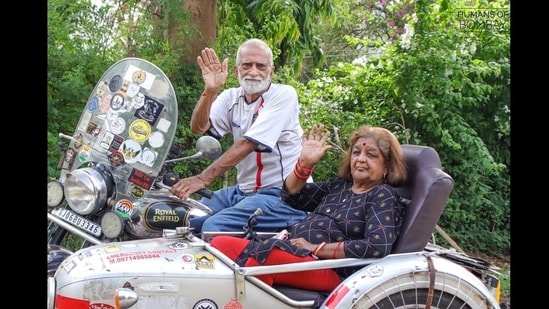 A Vadodara man has shared how he and his wife have travelled across India on their Bullet with a sidecar in a post shared on Humans of Bombay.(Facebook/Humans of Bombay)