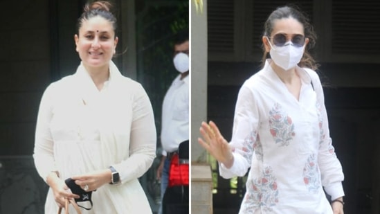 Kareena Kapoor and Karisma Kapoor arriving at their father Randhir Kapoor’s new home on Friday.(Varinder Chawla)