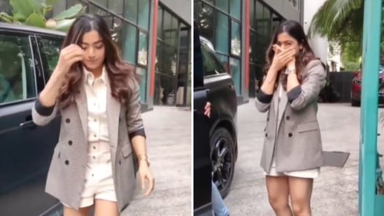 Rashmika Mandanna forgot to put on her mask before stepping out of her car recently. Rashmika Mandanna forgot to put on her mask before stepping out of her car recently.