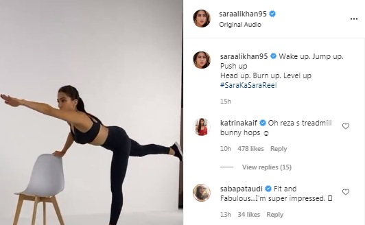 Katrina Kaif and Saba Pataudi's comments on Sara Ali Khan's fitness video(Instagram/saraalikhan95)