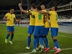 Brazil players celebrate a goal against Chile. (Getty Images) Brazil players celebrate a goal against Chile. (Getty Images)